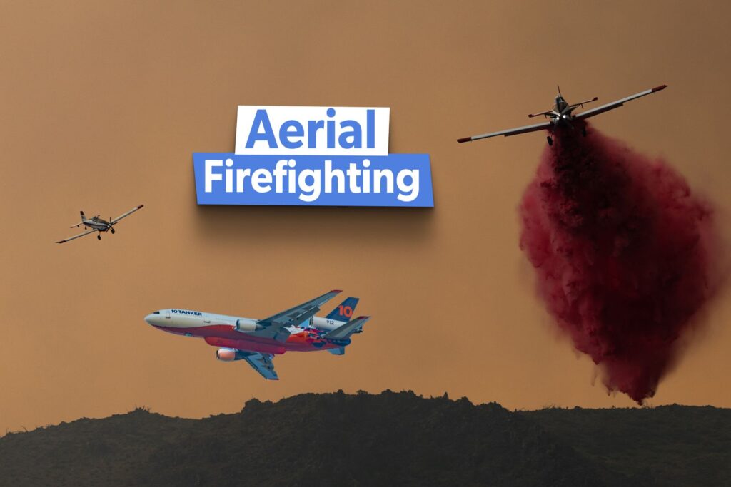 Three aircraft flying over a forested area. One aircraft is dropping fire retardant. Text overlay reads: Aerial Firefighting.