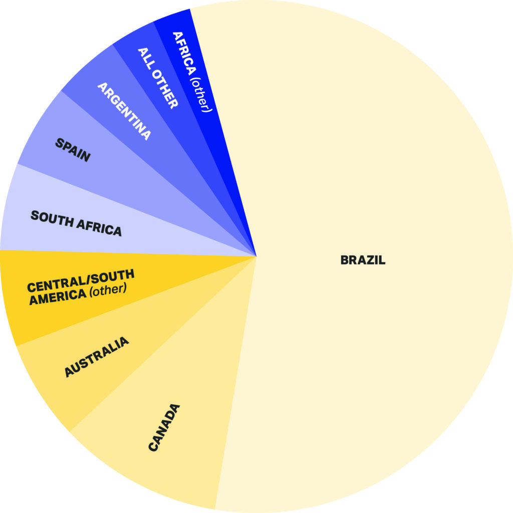 Alt text: Pie chart illustrating market distribution for agricultural aircraft, highlighting Brazil as the largest market segment, followed by Argentina, Spain, South Africa, and other regions.