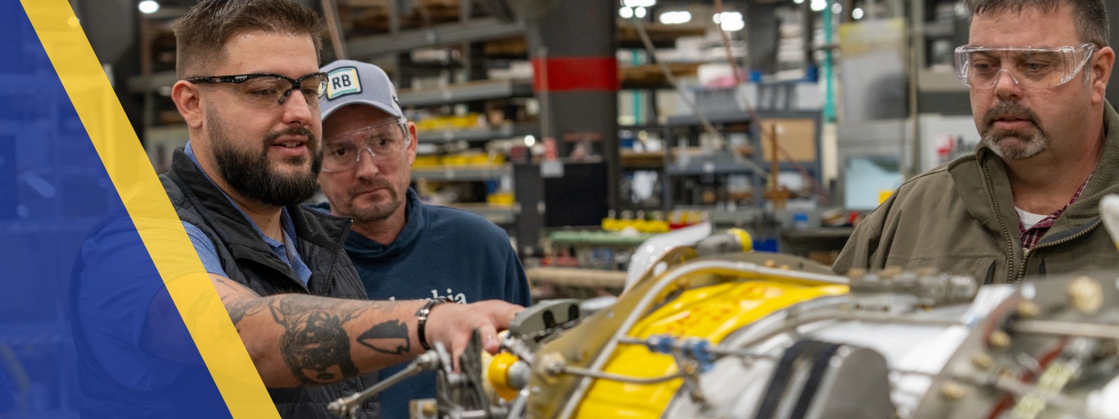 Technicians inspecting an aircraft engine, likely for Air Tractor models, in a manufacturing facility. The image showcases teamwork and expertise in the aviation industry, highlighting the importance of maintenance and assembly in agricultural aviation.